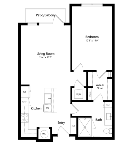 Floor plan for 1 bed, 1 bath, 807 sqft